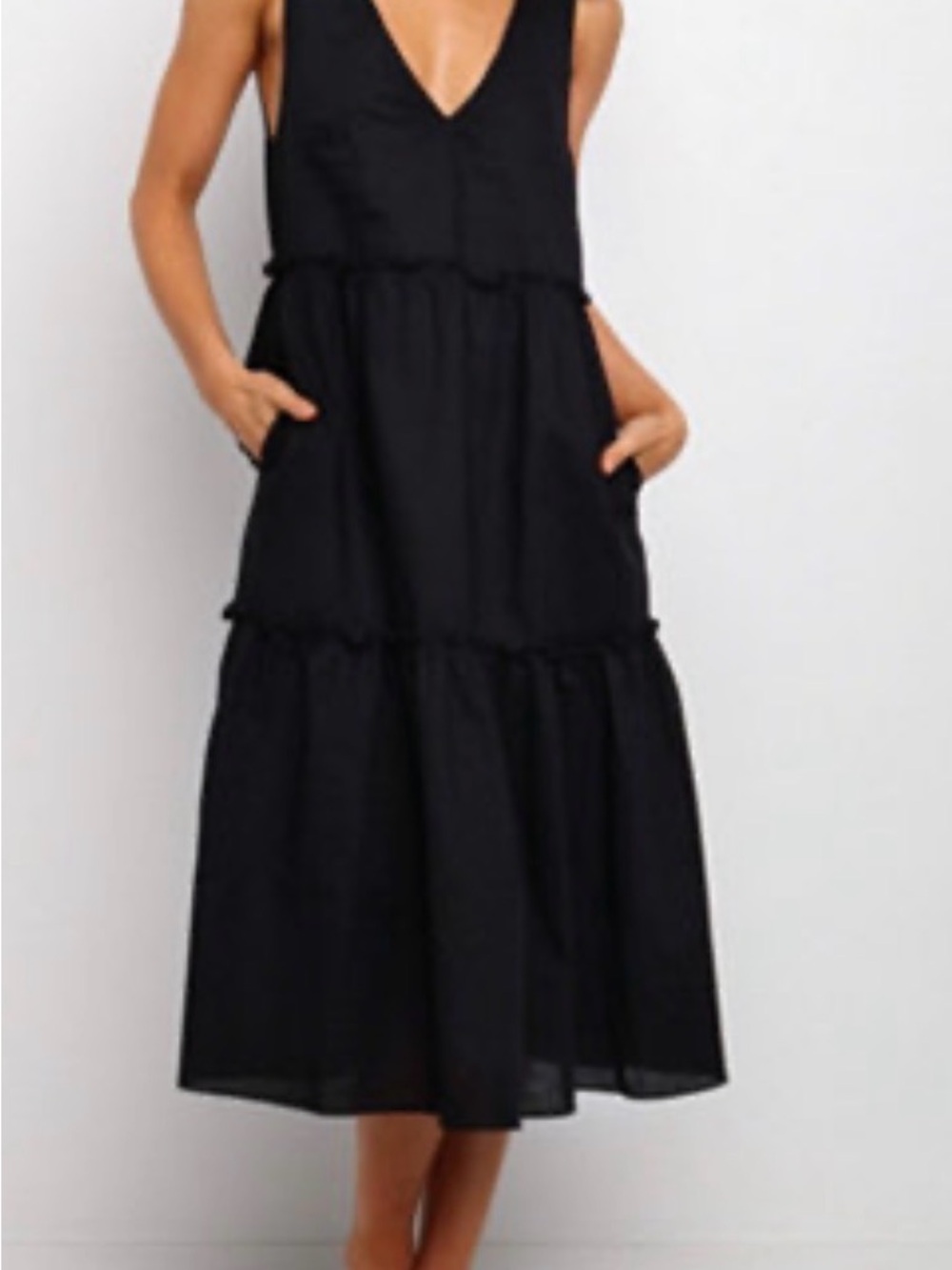Petal and Pup Tiered V-Neck Tie-Shoulder Black Midi Dress - Picture 2 of 5